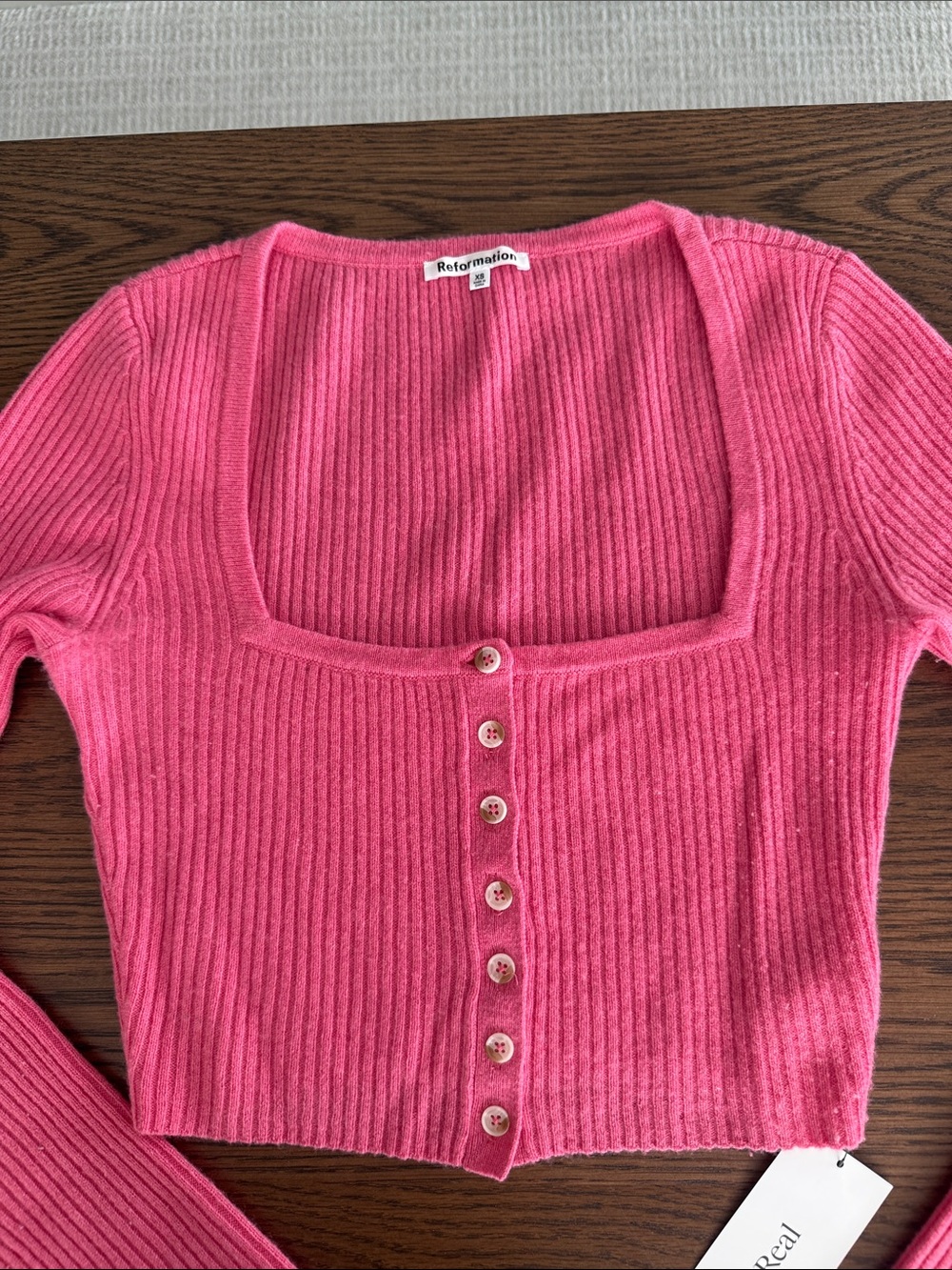 Reformation Cashmere Cropped Hot Pink Ribbed Square-Neck Button Cardigan - Picture 3 of 7